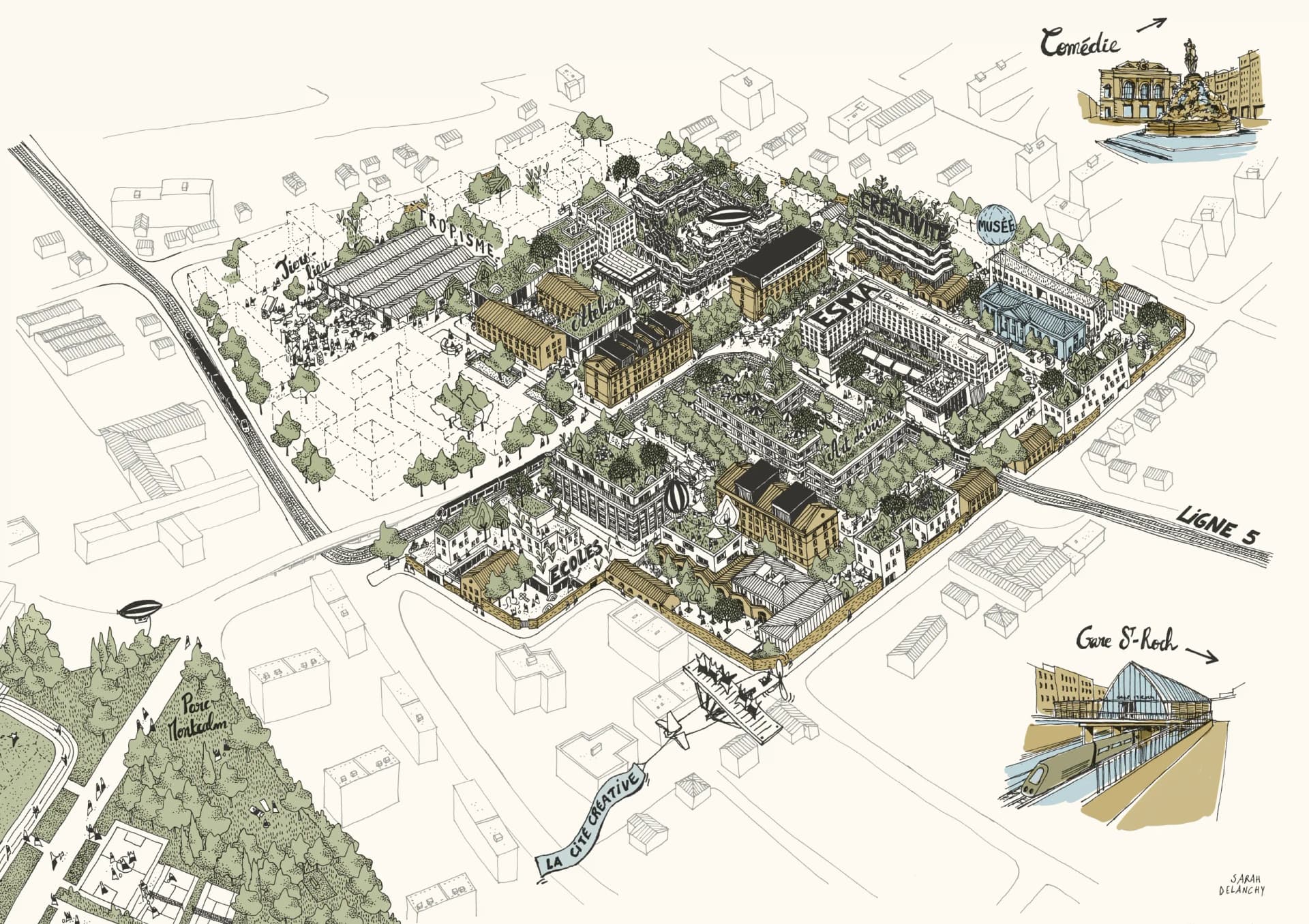 Vue aérienne de la Cité Créative et du centre de Montpellier