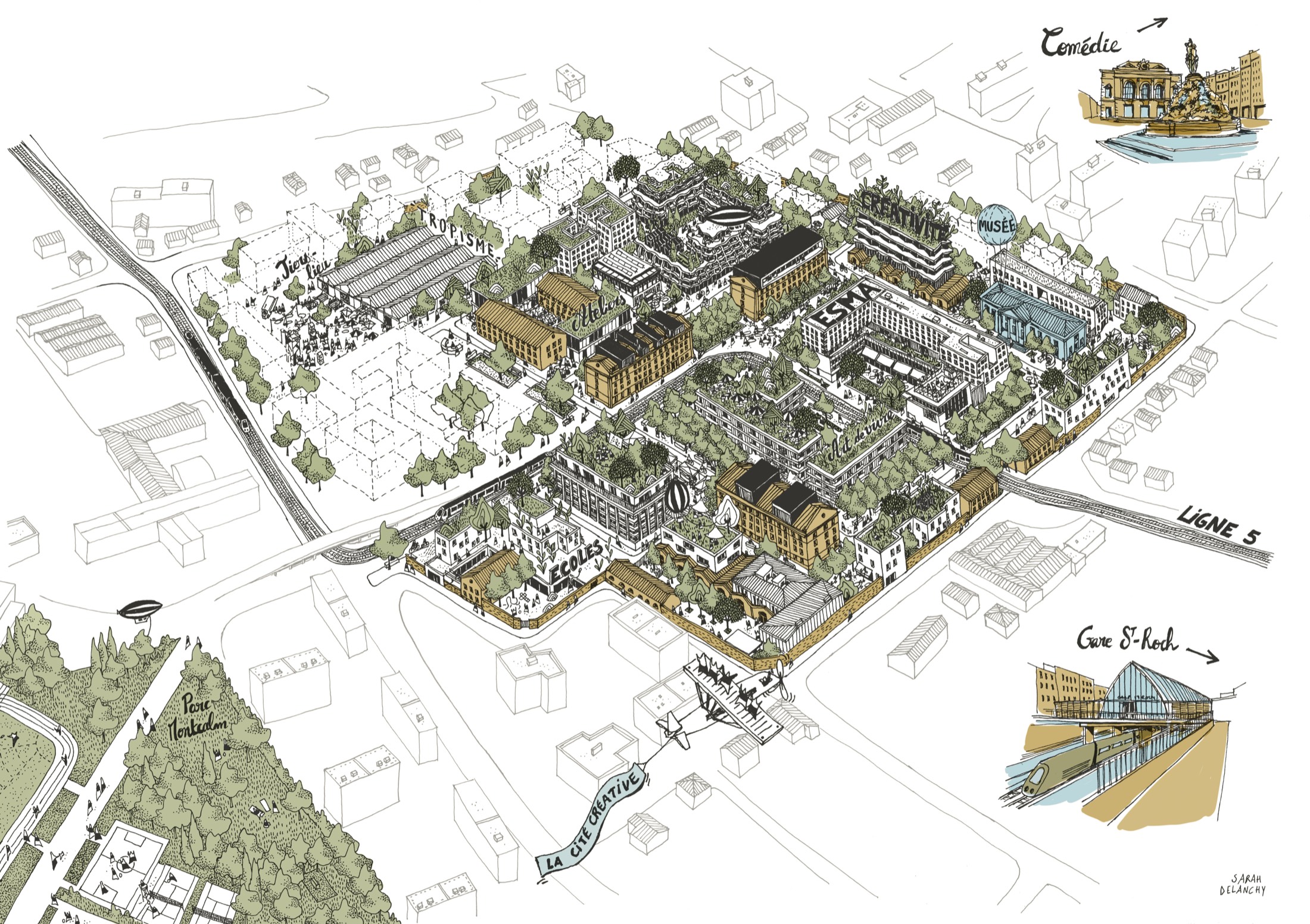 Plan illustré du quartier de la Cité Créative à Montpellier, vu en perspective.